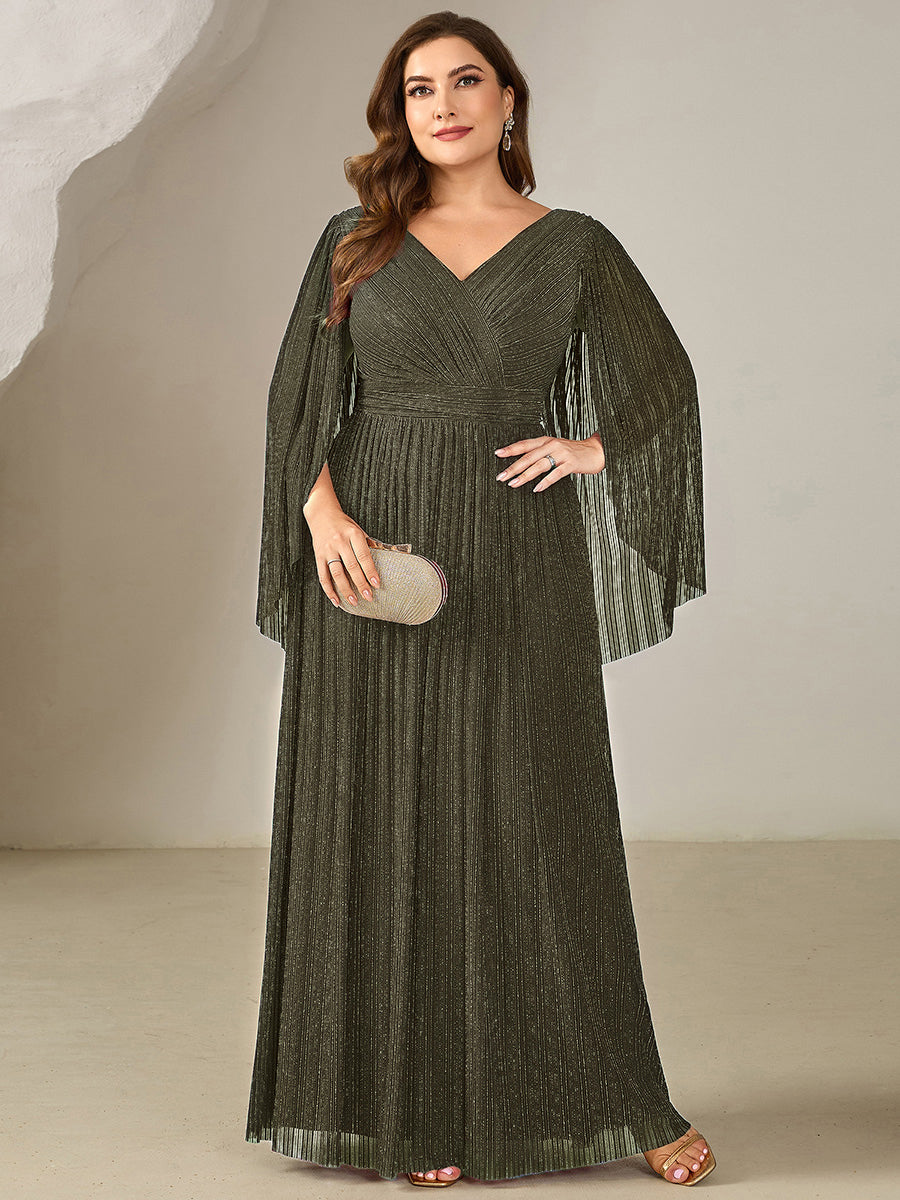 Deep V-Neck Mesh Batwing Sleeve Evening Dress #color_Olive Green