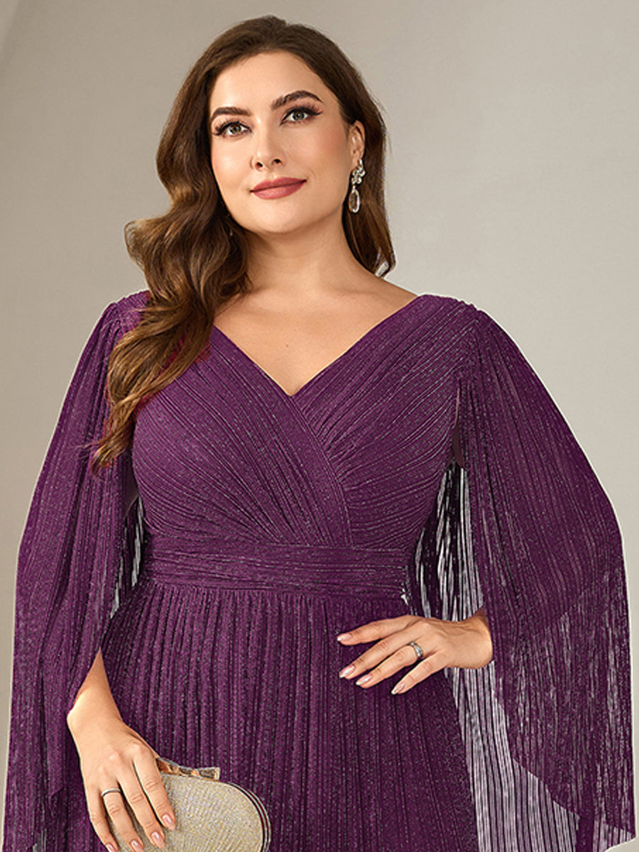 Plus Size Glittery Empire Waist Batwing Sleeve Evening Dress #color_Purple Wisteria
