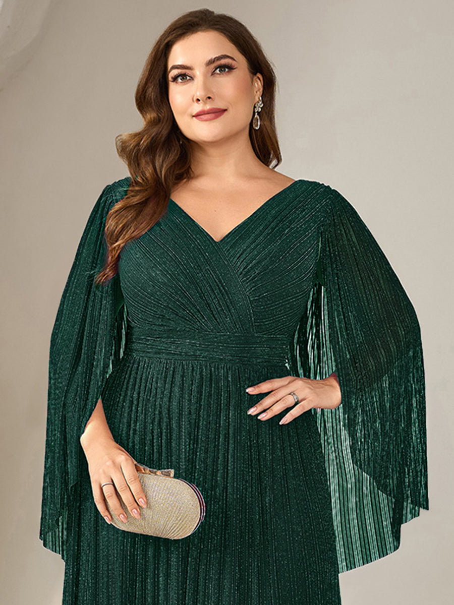 Plus Size Glittery Empire Waist Batwing Sleeve Mother of the Bride Dress #color_Teal