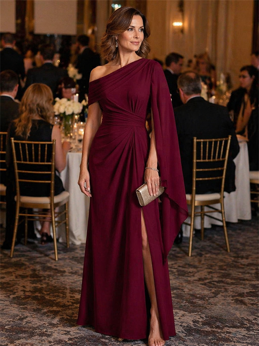 One-shoulder Ribbon detail Slit Maxi Evening Dress #color_Burgundy