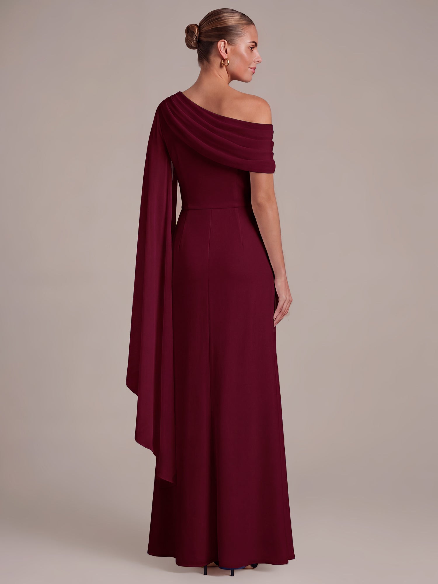 One-shoulder Ribbon detail Slit Maxi Evening Dress #color_Burgundy