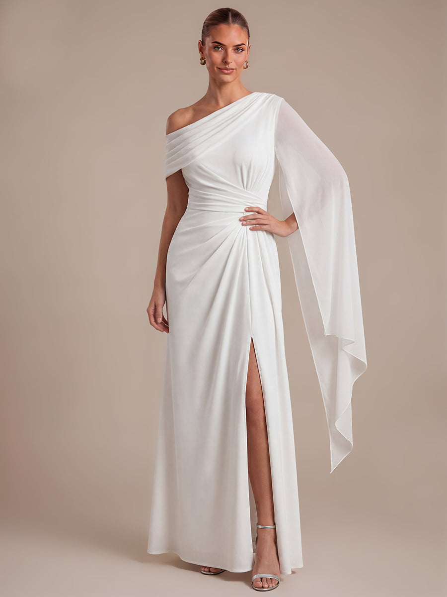 One-shoulder Ribbon detail Slit Maxi Evening Dress #color_White