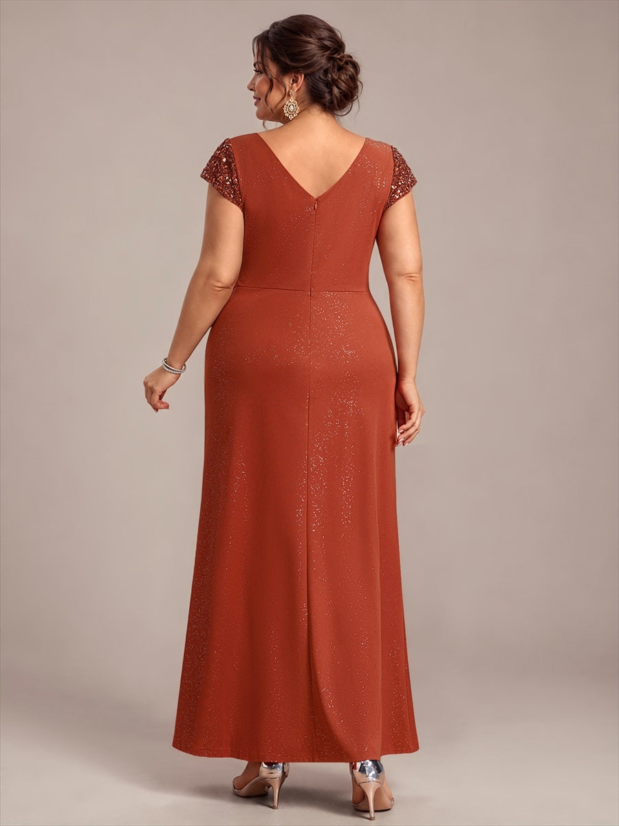 Knotted Knit Cap Sleeve Maxi Glitter Evening Dress #color_Burnt Orange