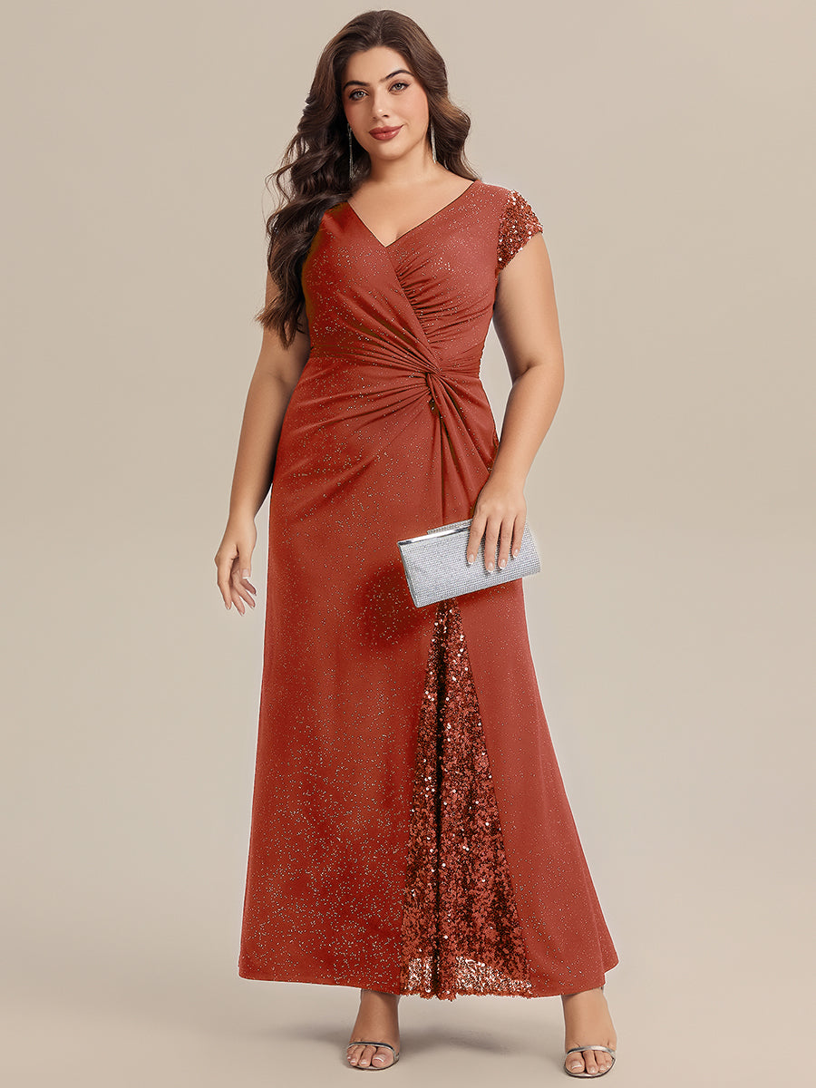 Knotted Knit Cap Sleeve Maxi Glitter Evening Dress #color_Burnt Orange