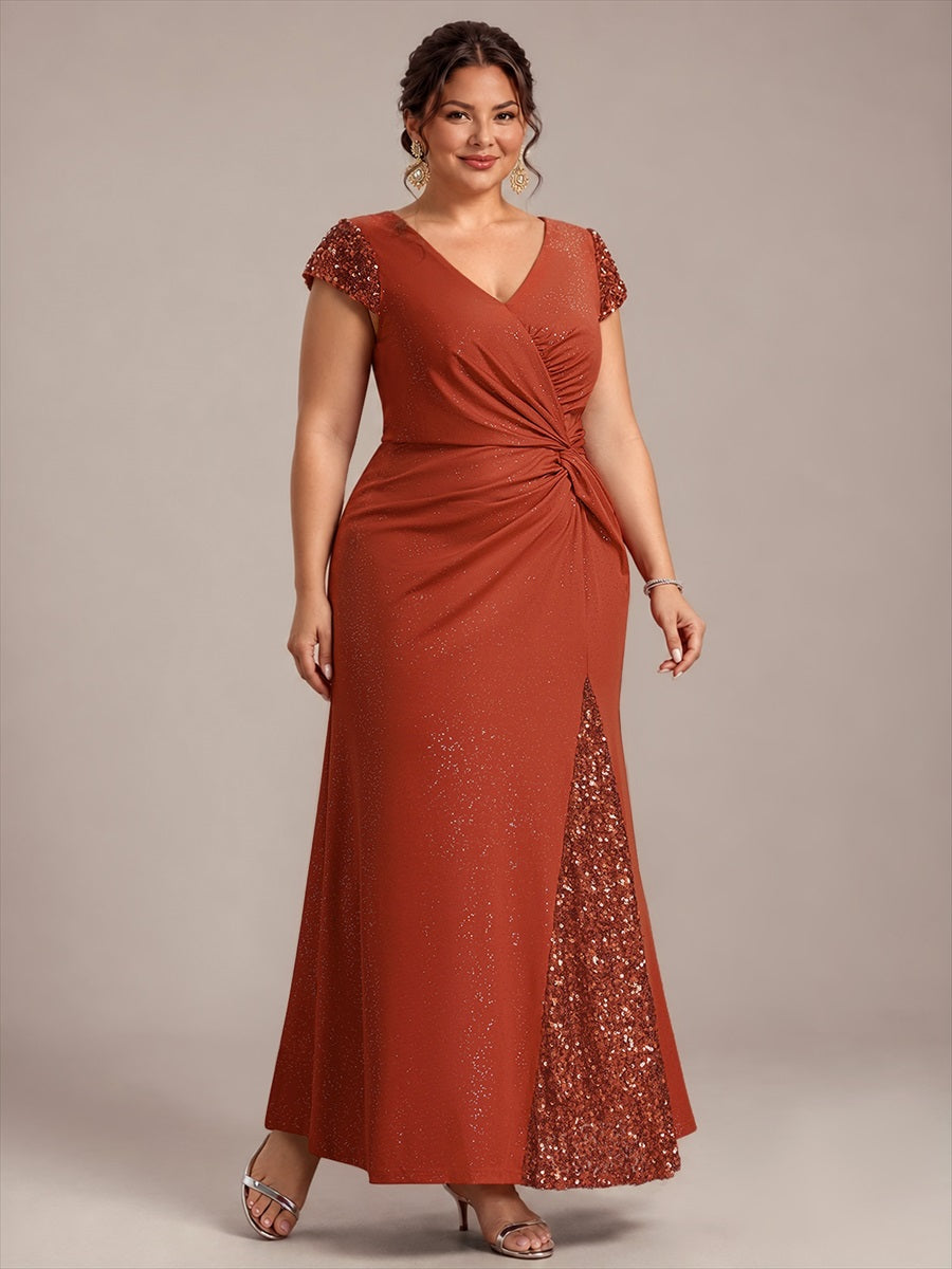 Knotted Knit Cap Sleeve Maxi Glitter Evening Dress #color_Burnt Orange