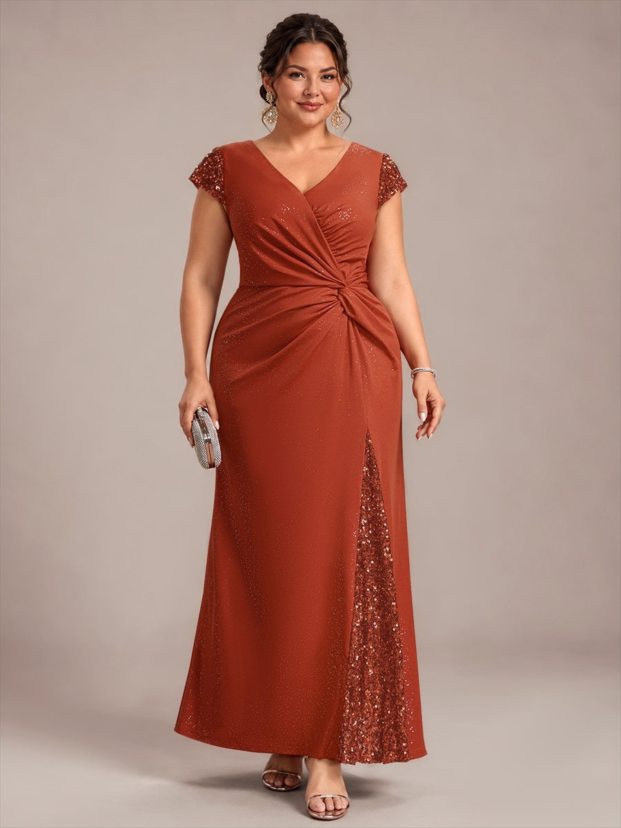 Plus Size Knotted Knit Cap Sleeve Maxi Glitter Evening Dress #color_Burnt Orange