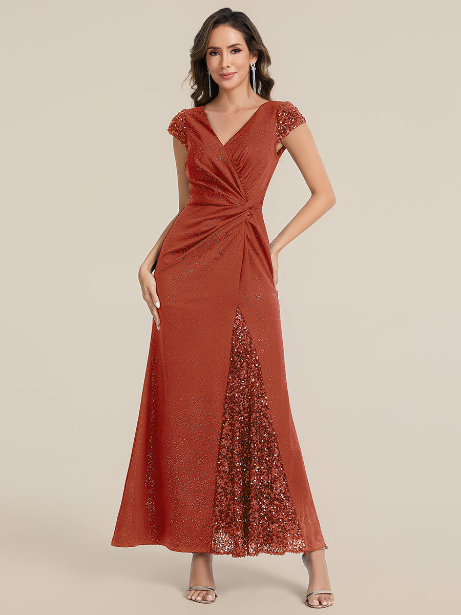 Knotted Knit Cap Sleeve Maxi Glitter Evening Dress #color_Burnt Orange