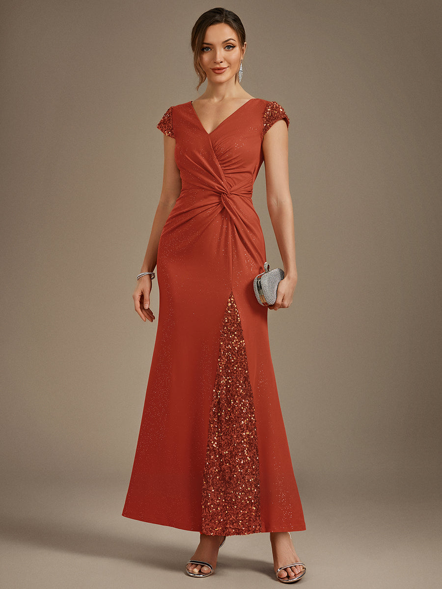 Knotted Knit Cap Sleeve Maxi Glitter Evening Dress #color_Burnt Orange