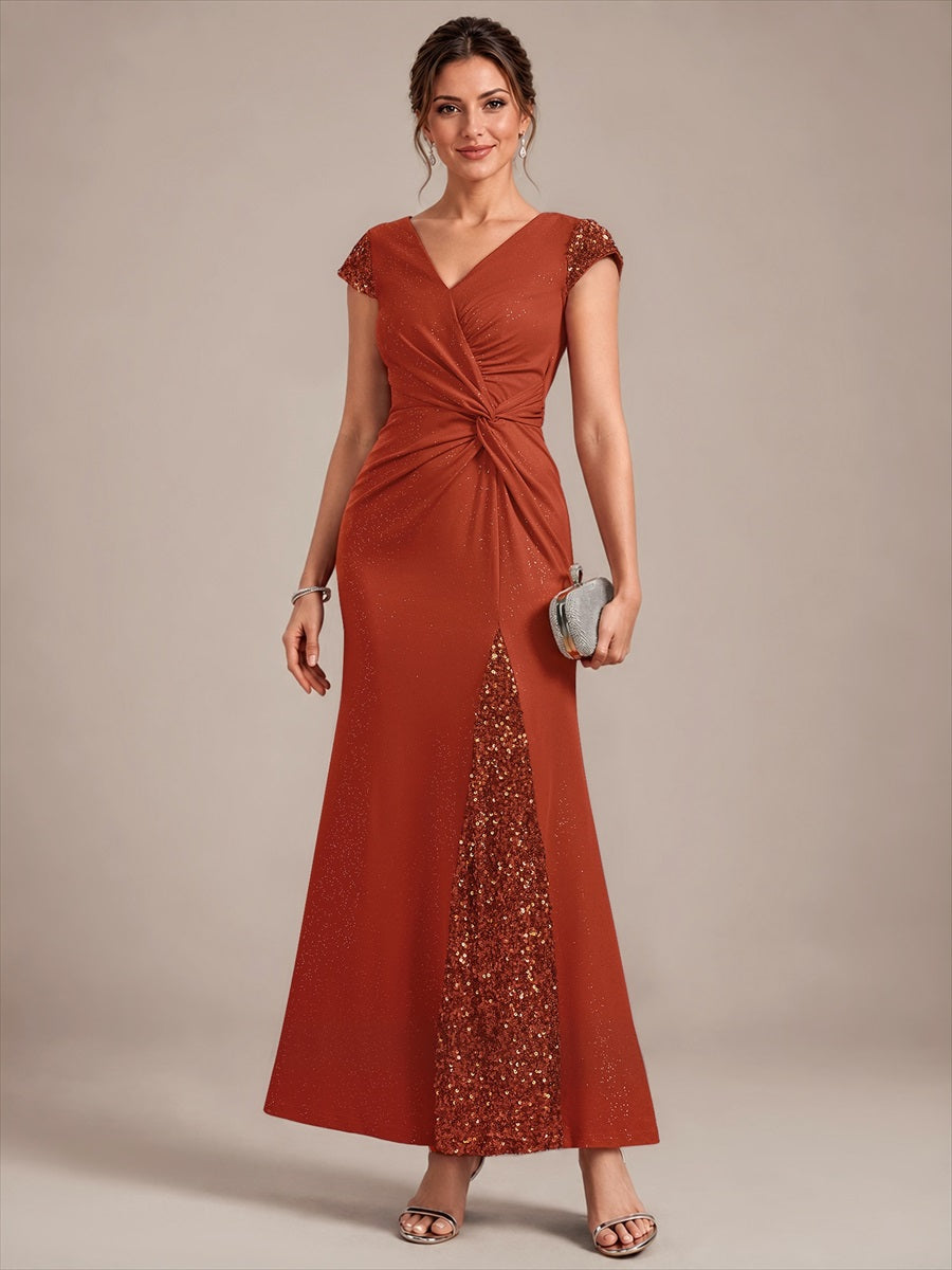 Knotted Knit Cap Sleeve Maxi Glitter Evening Dress #color_Burnt Orange