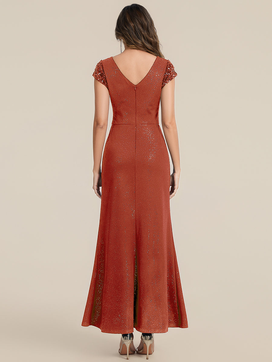 Knotted Knit Cap Sleeve Maxi Glitter Evening Dress #color_Burnt Orange
