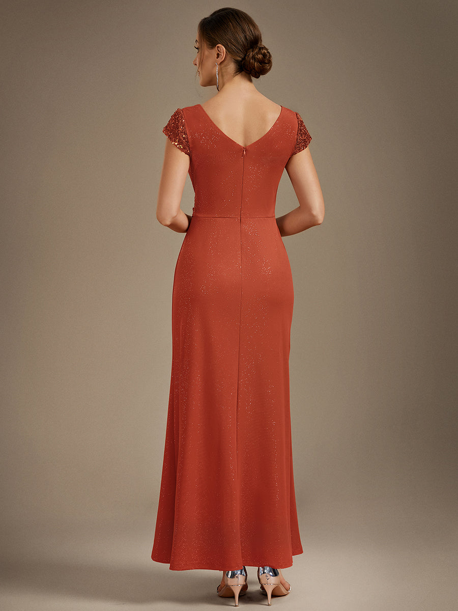 Knotted Knit Cap Sleeve Maxi Glitter Evening Dress #color_Burnt Orange