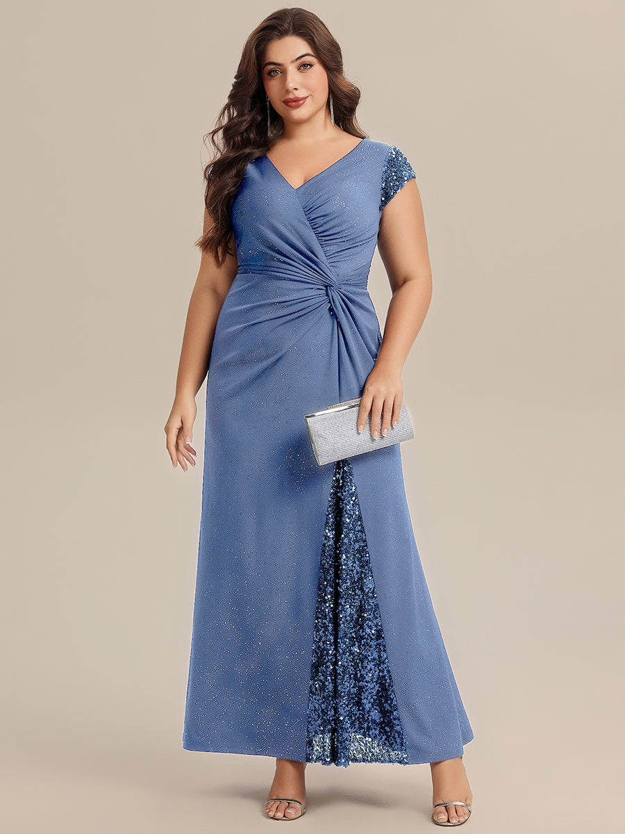 Knotted Knit Cap Sleeve Maxi Glitter Evening Dress #color_Dusty Blue