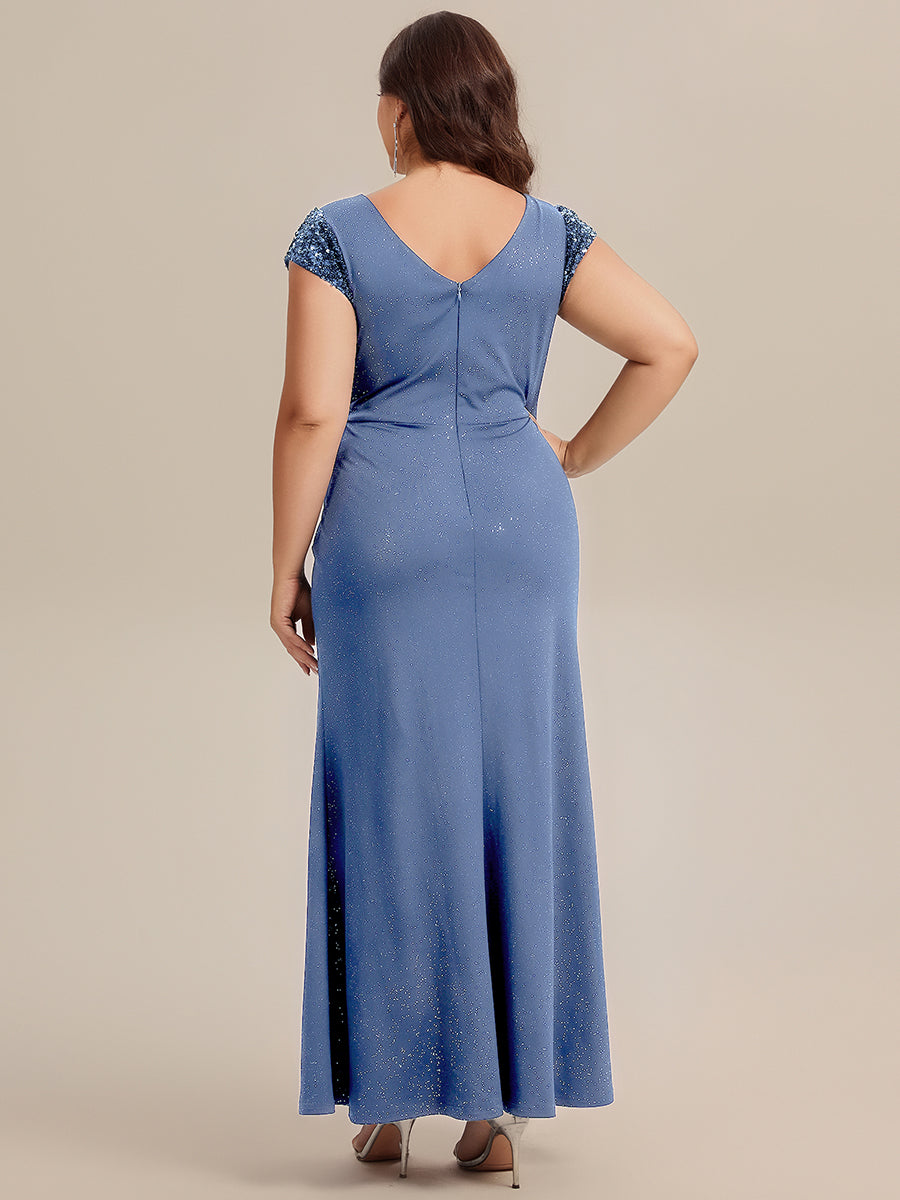Plus Size Knotted Knit Cap Sleeve Maxi Glitter Evening Dress #color_Dusty Blue