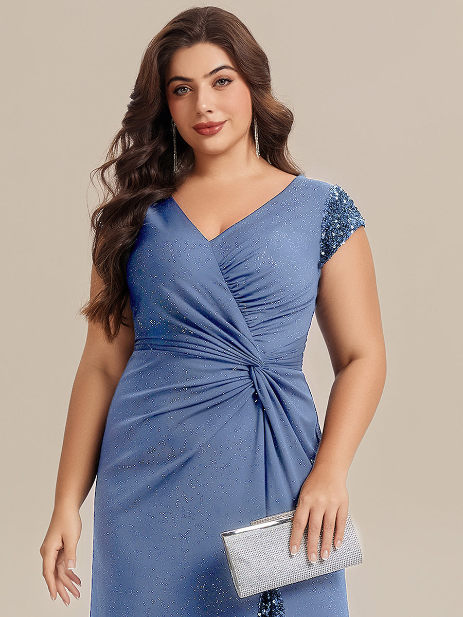 Plus Size Knotted Knit Cap Sleeve Maxi Glitter Evening Dress #color_Dusty Blue