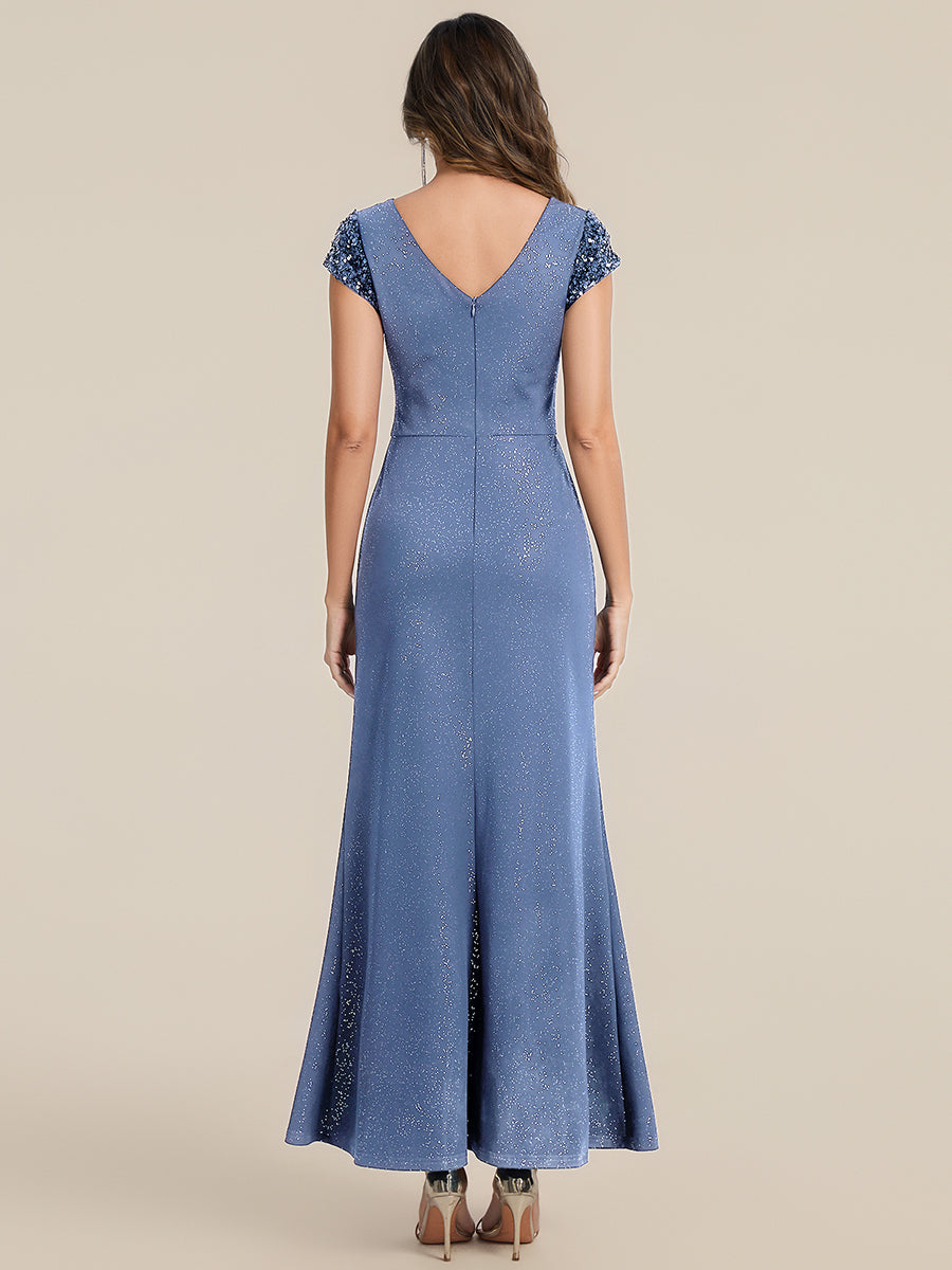 Knotted Knit Cap Sleeve Maxi Glitter Evening Dress #color_Dusty Blue