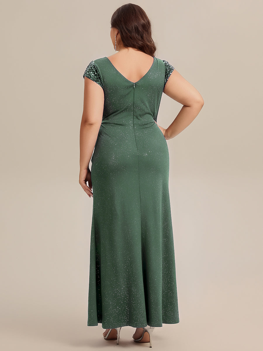 Plus Size Knotted Knit Cap Sleeve Maxi Glitter Evening Dress #color_Eucalyptus