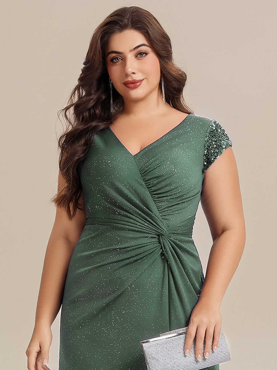 Plus Size Knotted Knit Cap Sleeve Maxi Glitter Evening Dress #color_Eucalyptus