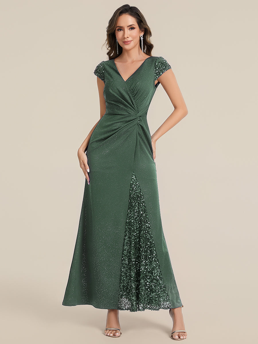 Knotted Knit Cap Sleeve Maxi Glitter Evening Dress #color_Eucalyptus