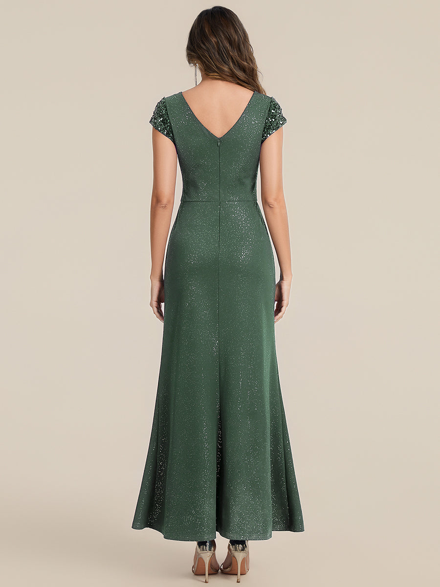 Knotted Knit Cap Sleeve Maxi Glitter Evening Dress #color_Eucalyptus