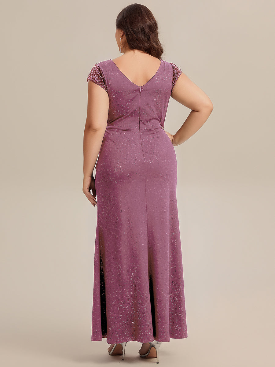 Plus Size Knotted Knit Cap Sleeve Maxi Glitter Evening Dress #color_Purple Orchid