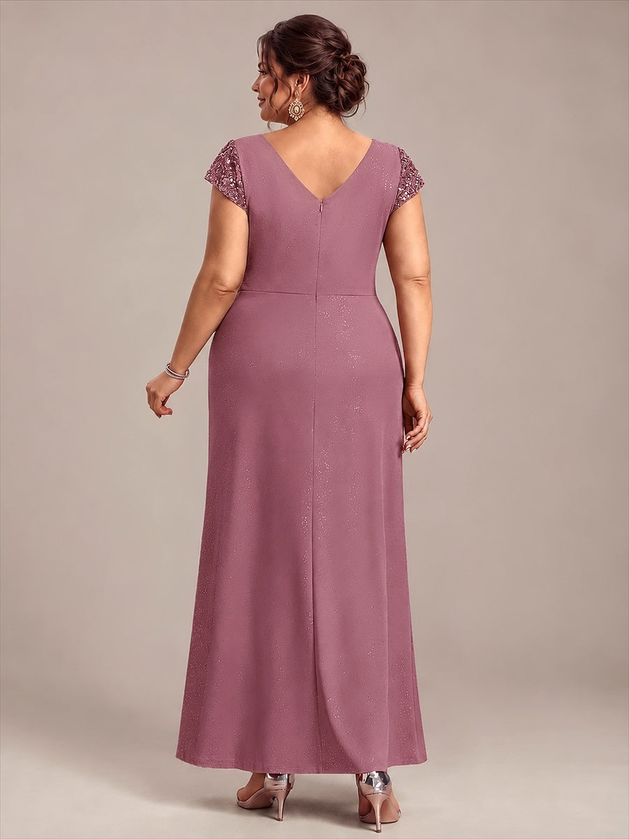 Plus Size Knotted Knit Cap Sleeve Maxi Glitter Evening Dress #color_Purple Orchid