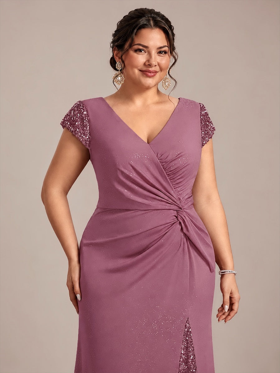 Plus Size Knotted Knit Cap Sleeve Maxi Glitter Evening Dress #color_Purple Orchid