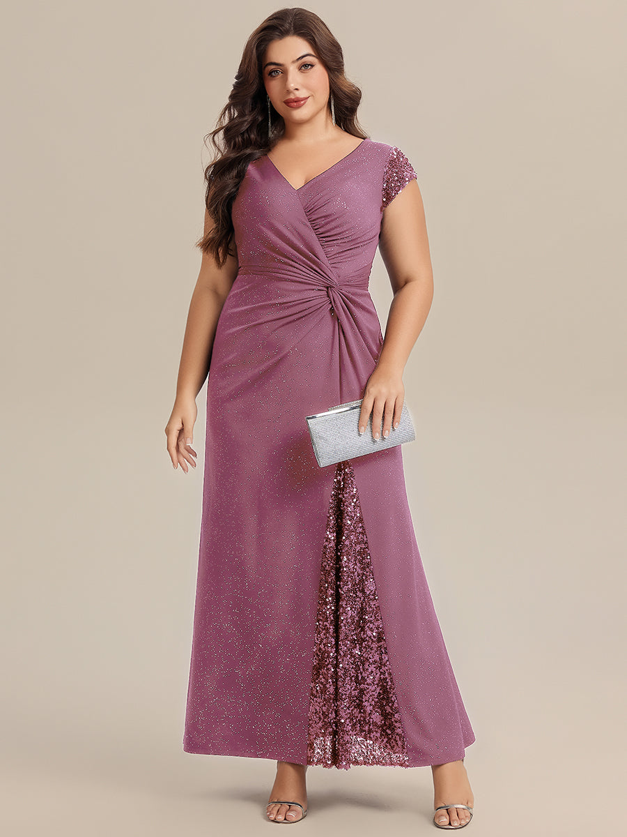 Plus Size Knotted Knit Cap Sleeve Maxi Glitter Evening Dress #color_Purple Orchid