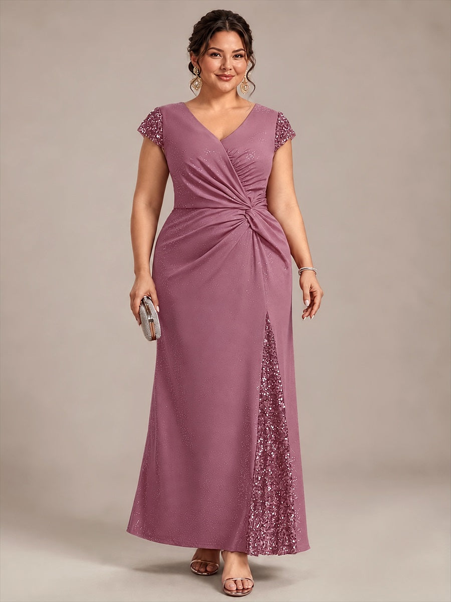 Plus Size Knotted Knit Cap Sleeve Maxi Glitter Evening Dress #color_Purple Orchid