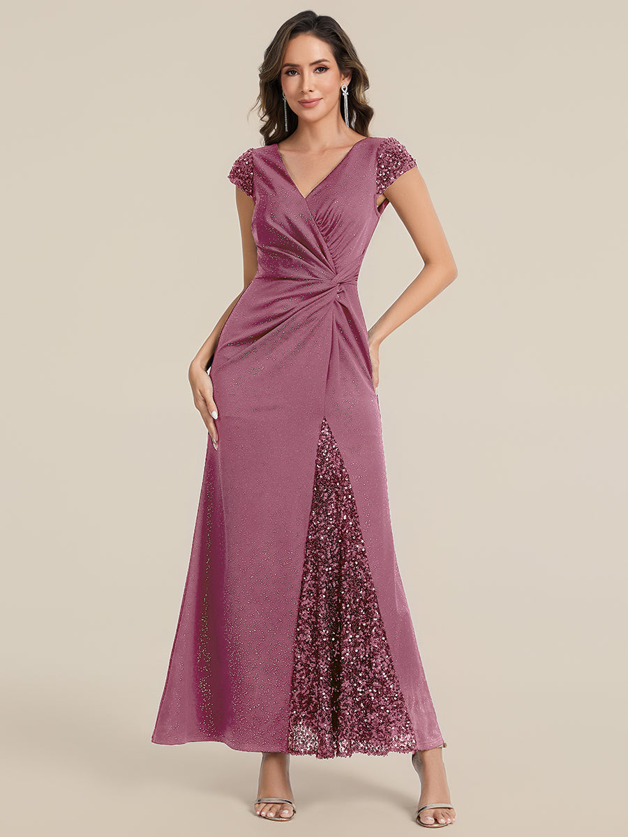 Knotted Knit Cap Sleeve Maxi Glitter Evening Dress #color_Purple Orchid