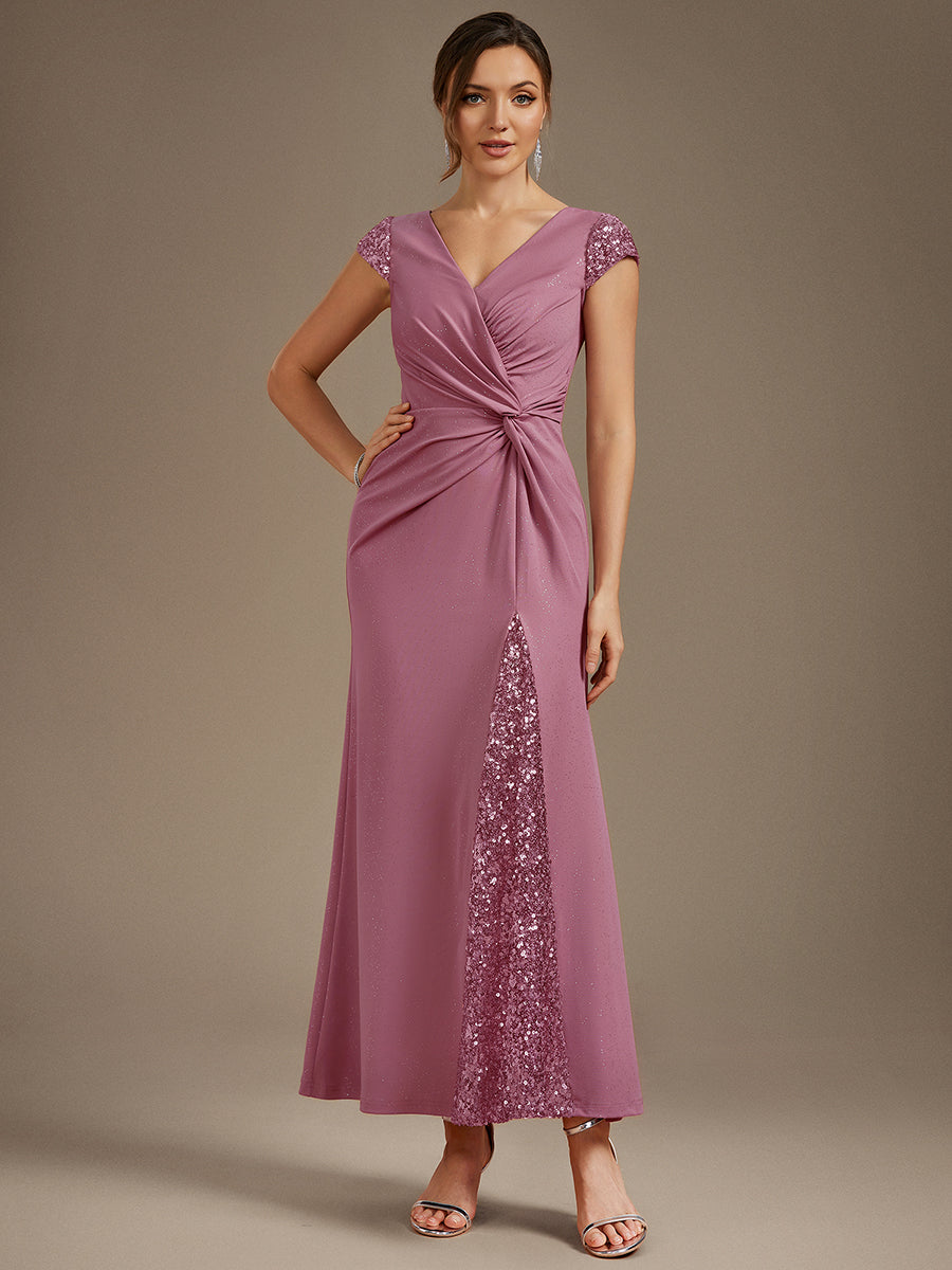 Knotted Knit Cap Sleeve Maxi Glitter Evening Dress #color_Purple Orchid