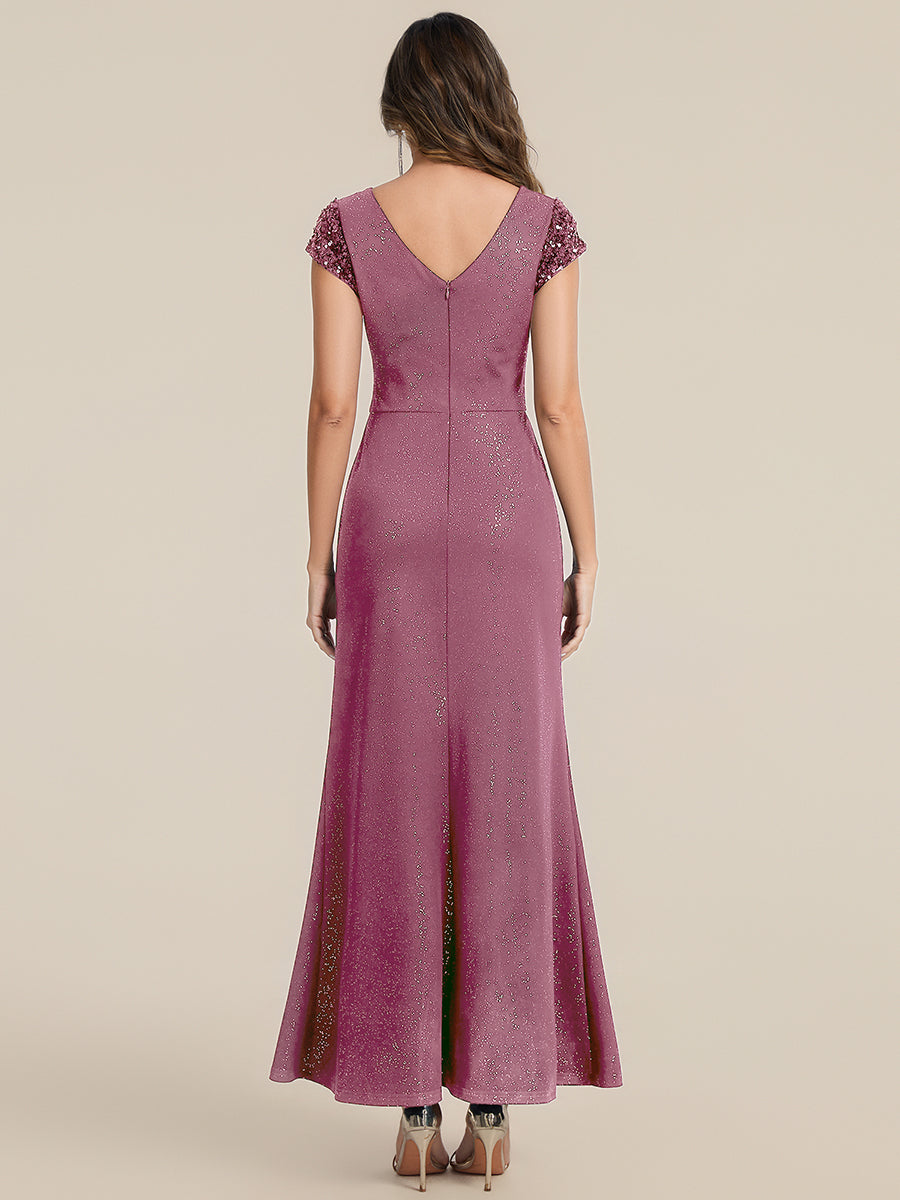 Knotted Knit Cap Sleeve Maxi Glitter Evening Dress #color_Purple Orchid