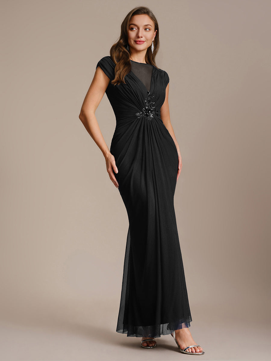 See-through Tulle Cap Sleeve Evening Dress #color_Black