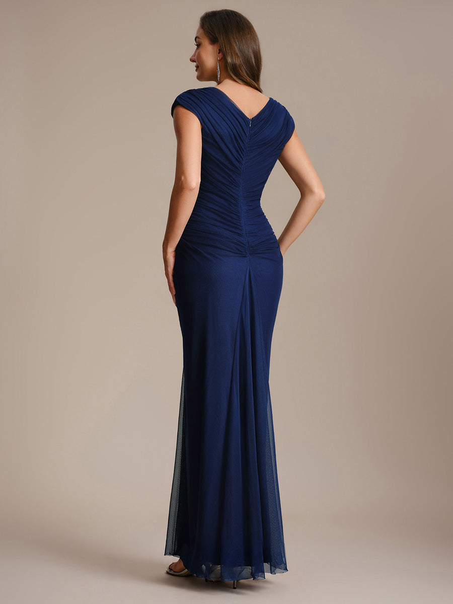 See-through Tulle Cap Sleeve Evening Dress #color_Navy Blue