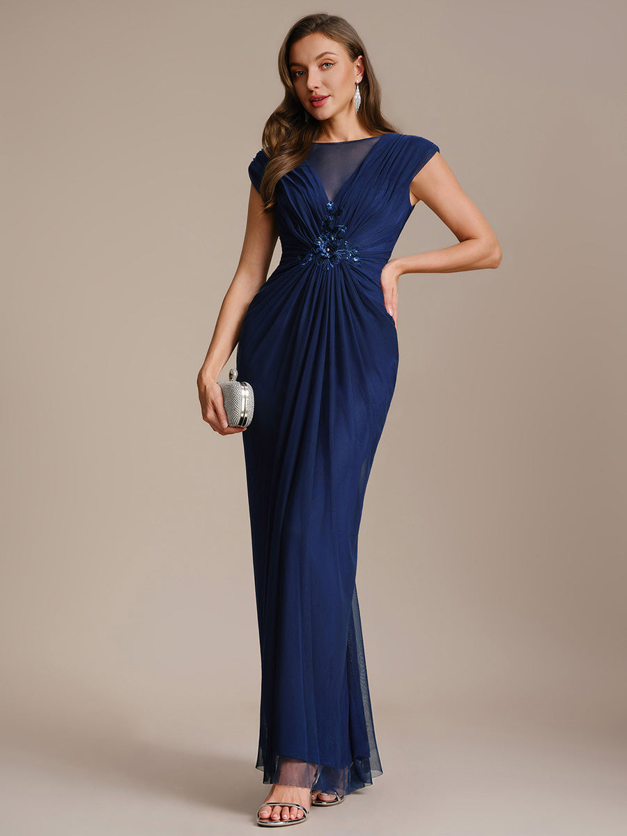 See-through Tulle Cap Sleeve Evening Dress #color_Navy Blue