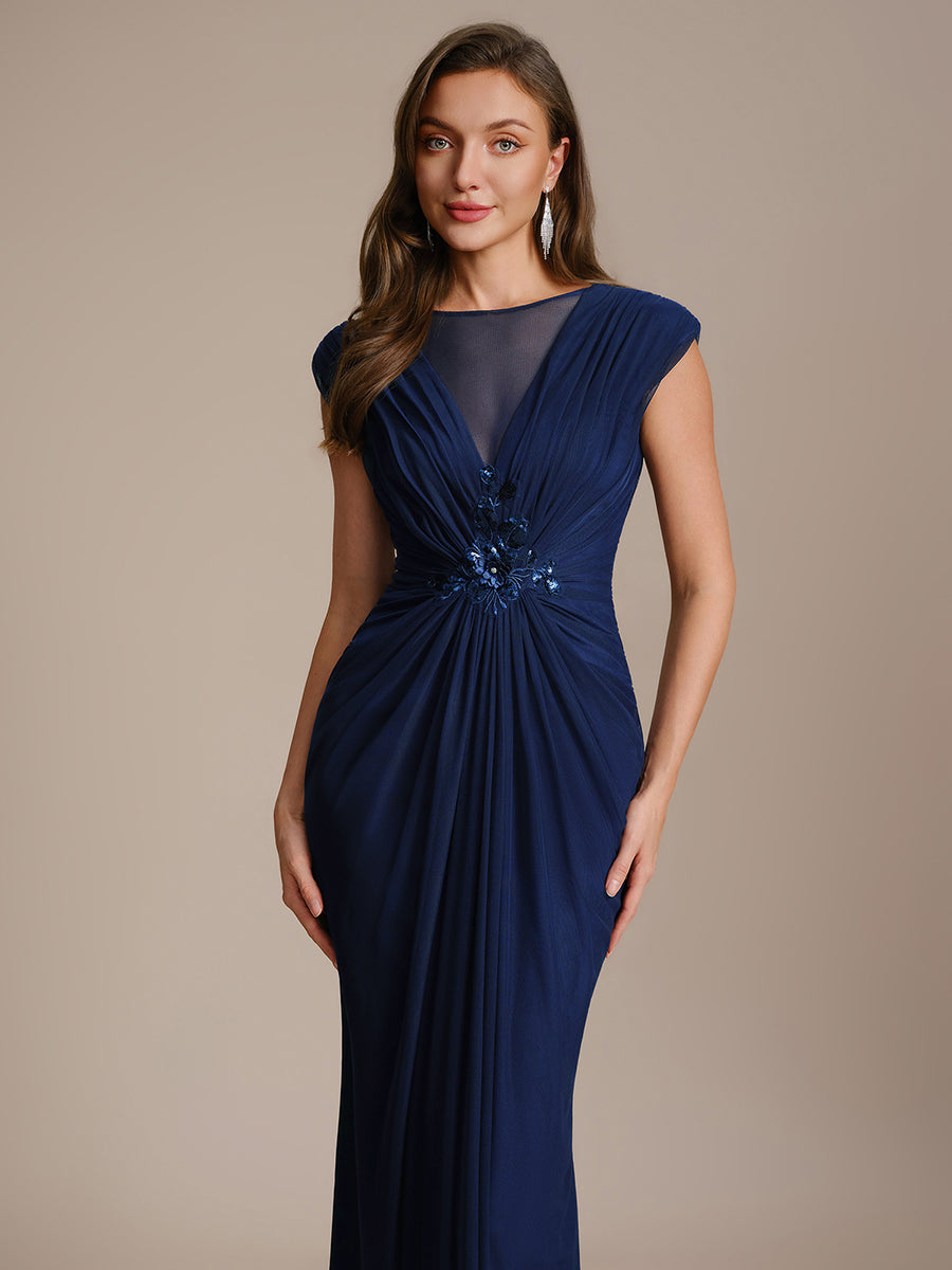 See-through Tulle Cap Sleeve Evening Dress #color_Navy Blue