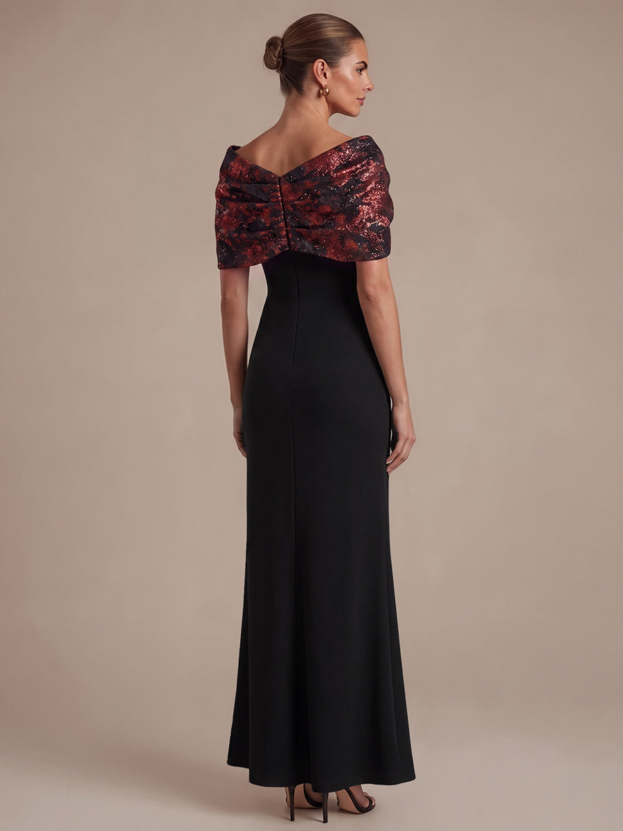 Knot Detail Jacquard Shawl Sleeve Evening Dress #color_Burgundy