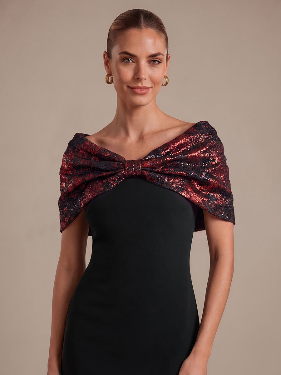 Knot Detail Jacquard Shawl Sleeve Evening Dress #color_Burgundy