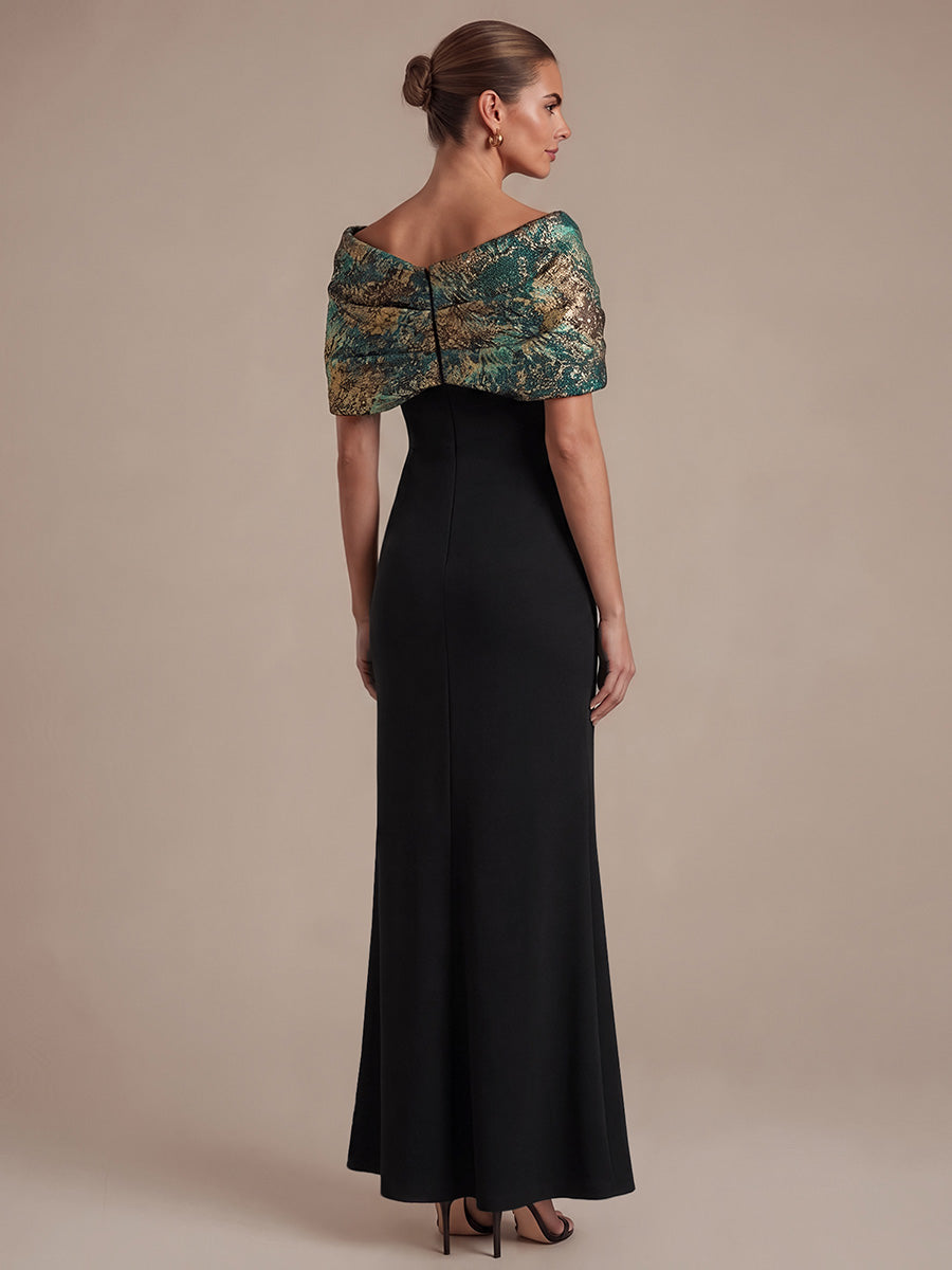 Knot Detail Jacquard Shawl Sleeve Evening Dress #color_Dark Green