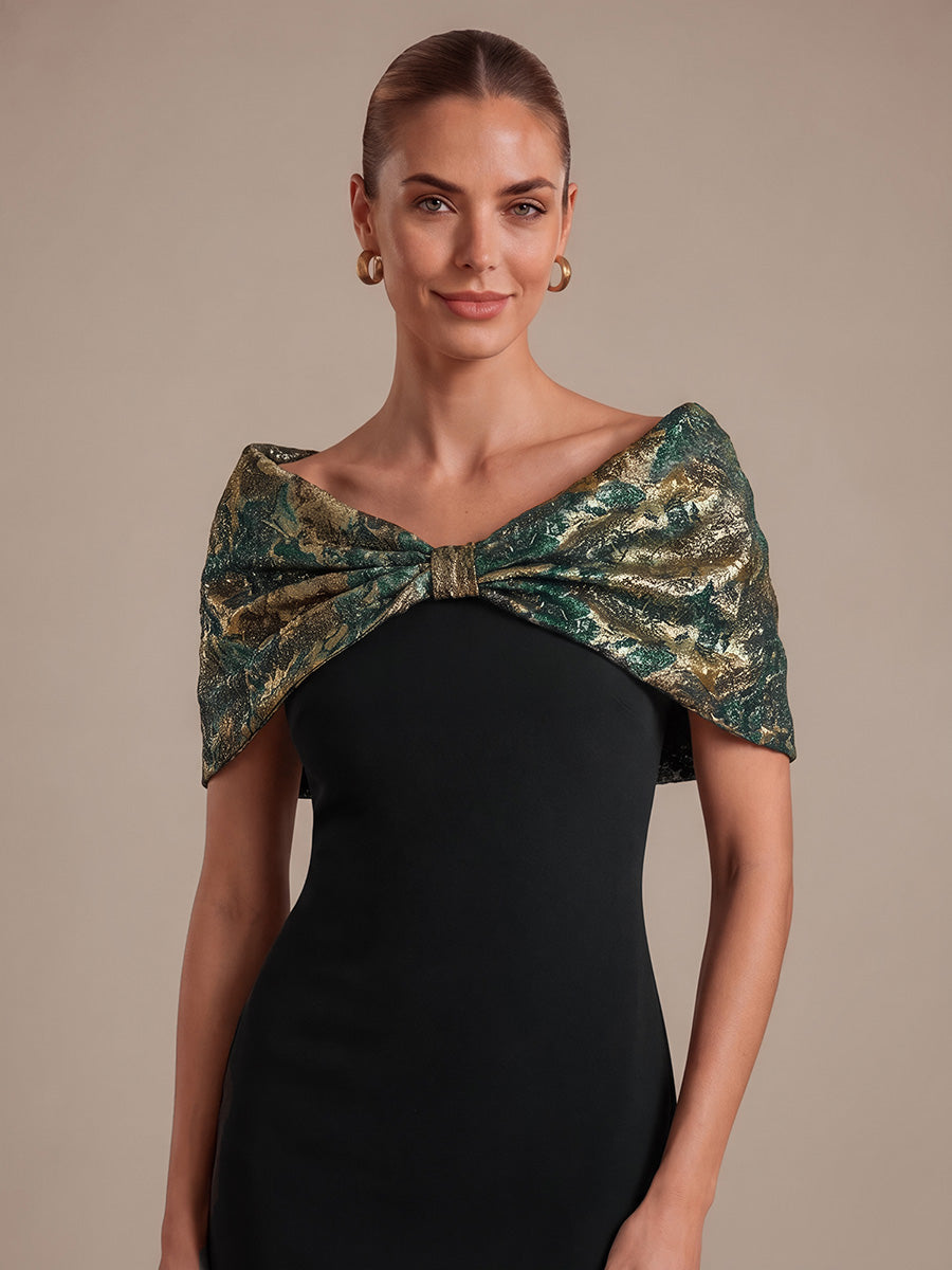 Knot Detail Jacquard Shawl Sleeve Evening Dress #color_Dark Green