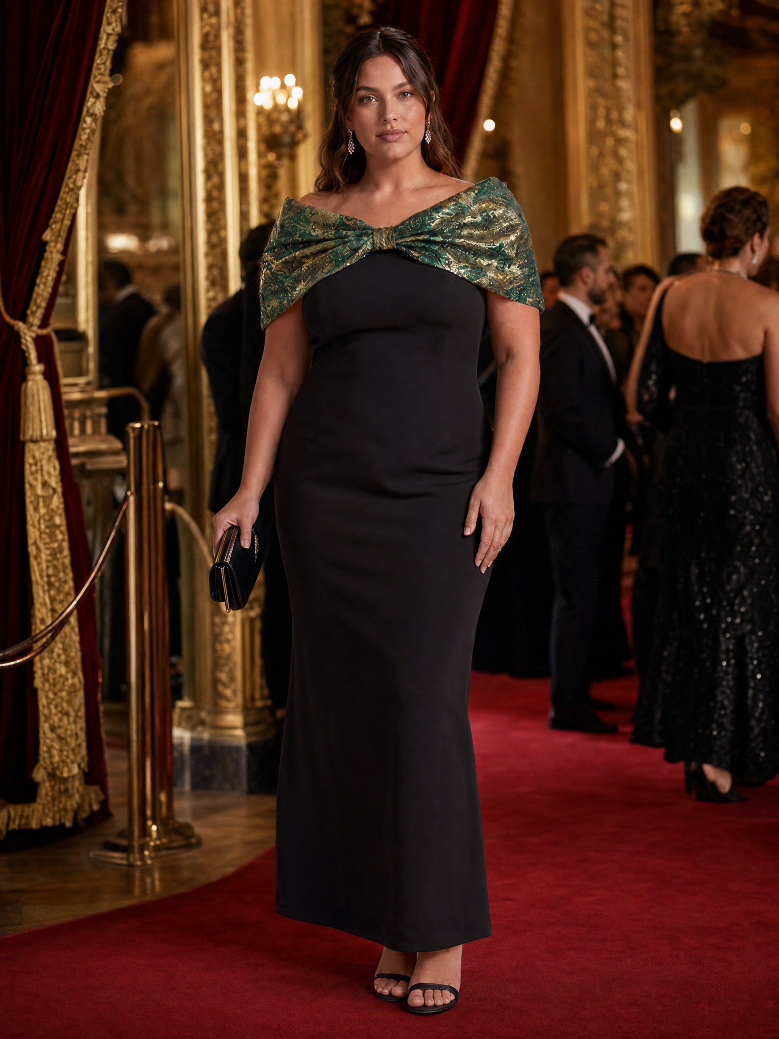 Plus Size Formal Evening Dress with Metallic Jacquard Shawl #color_Dark Green/Gold