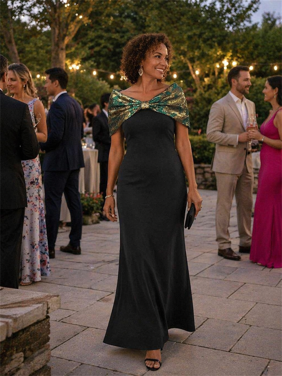 Knot Detail Jacquard Shawl Sleeve Evening Dress #color_Sapphire Blue/Gold