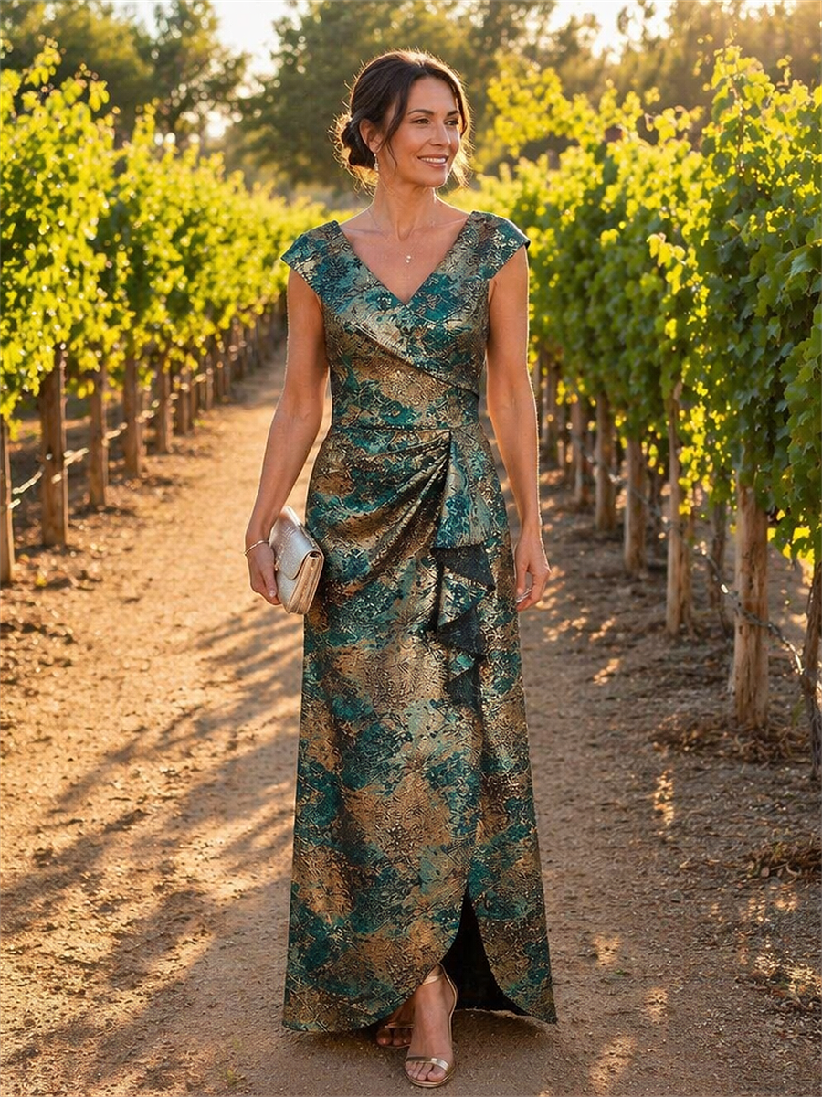 Ruffle Jacquard Cap Sleeve Evening Dress #color_Dark Green/Gold