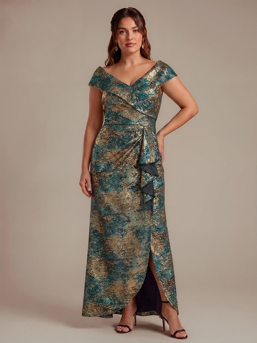 Plus Size Slit Jacquard Cap Sleeve Evening Dress #color_Dark Green/Gold