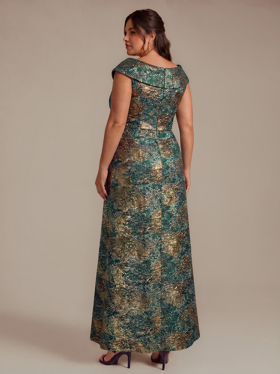 Ruffle Jacquard Cap Sleeve Evening Dress #color_Dark Green/Gold
