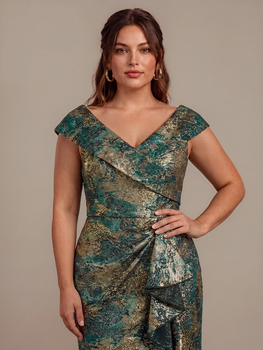Plus Size Slit Jacquard Cap Sleeve Evening Dress #color_Dark Green/Gold