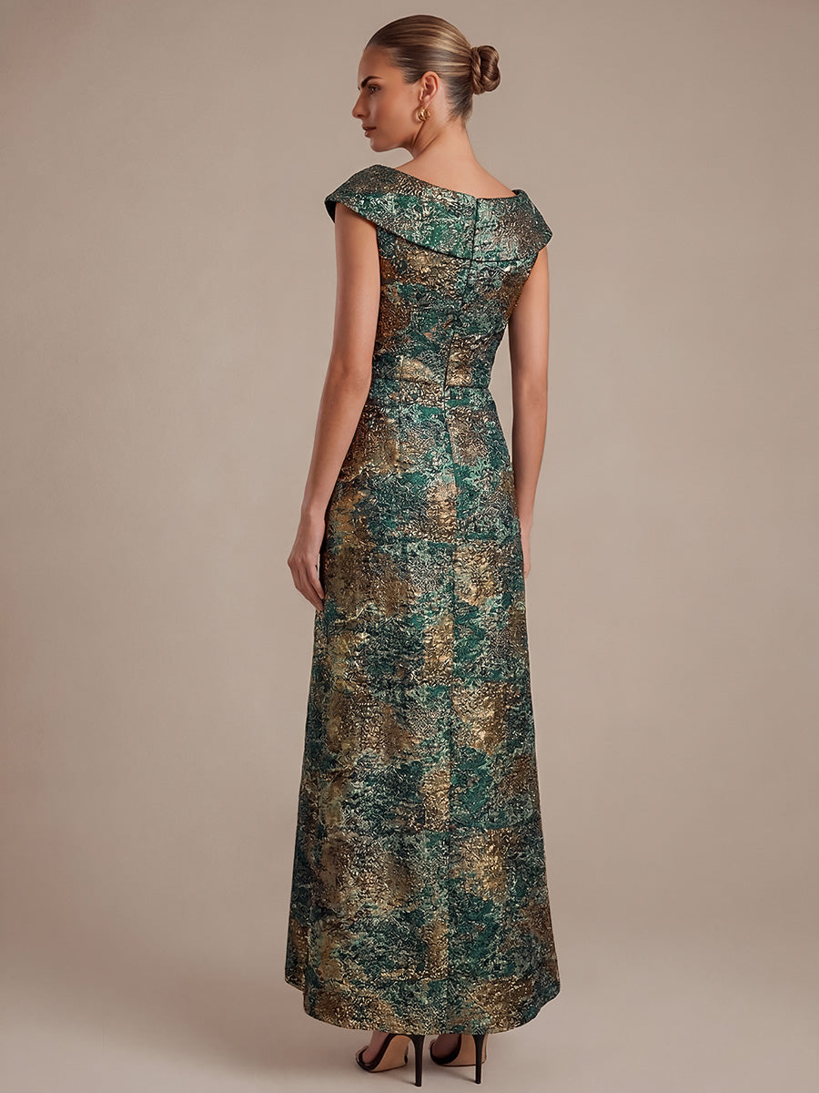 Ruffle Jacquard Cap Sleeve Evening Dress #color_Dark Green