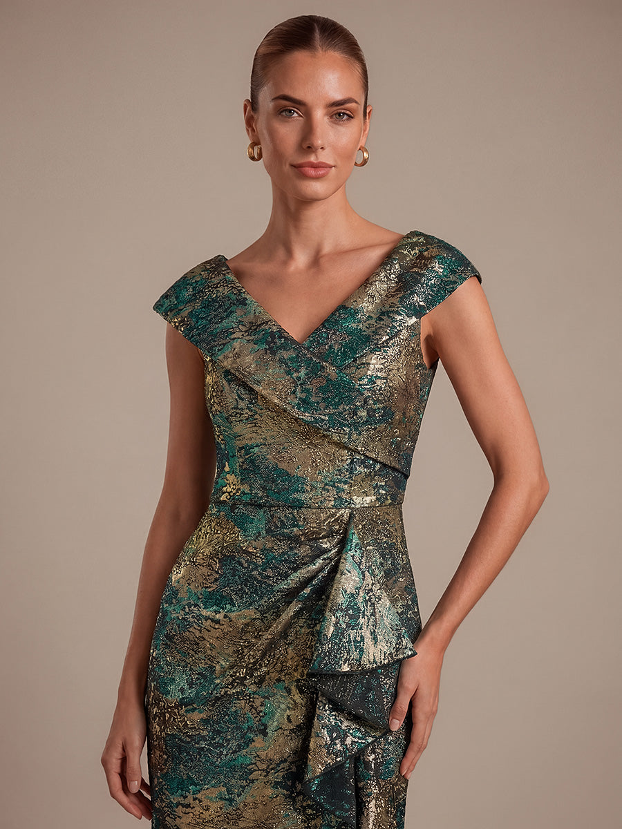 Ruffle Jacquard Cap Sleeve Evening Dress #color_Dark Green