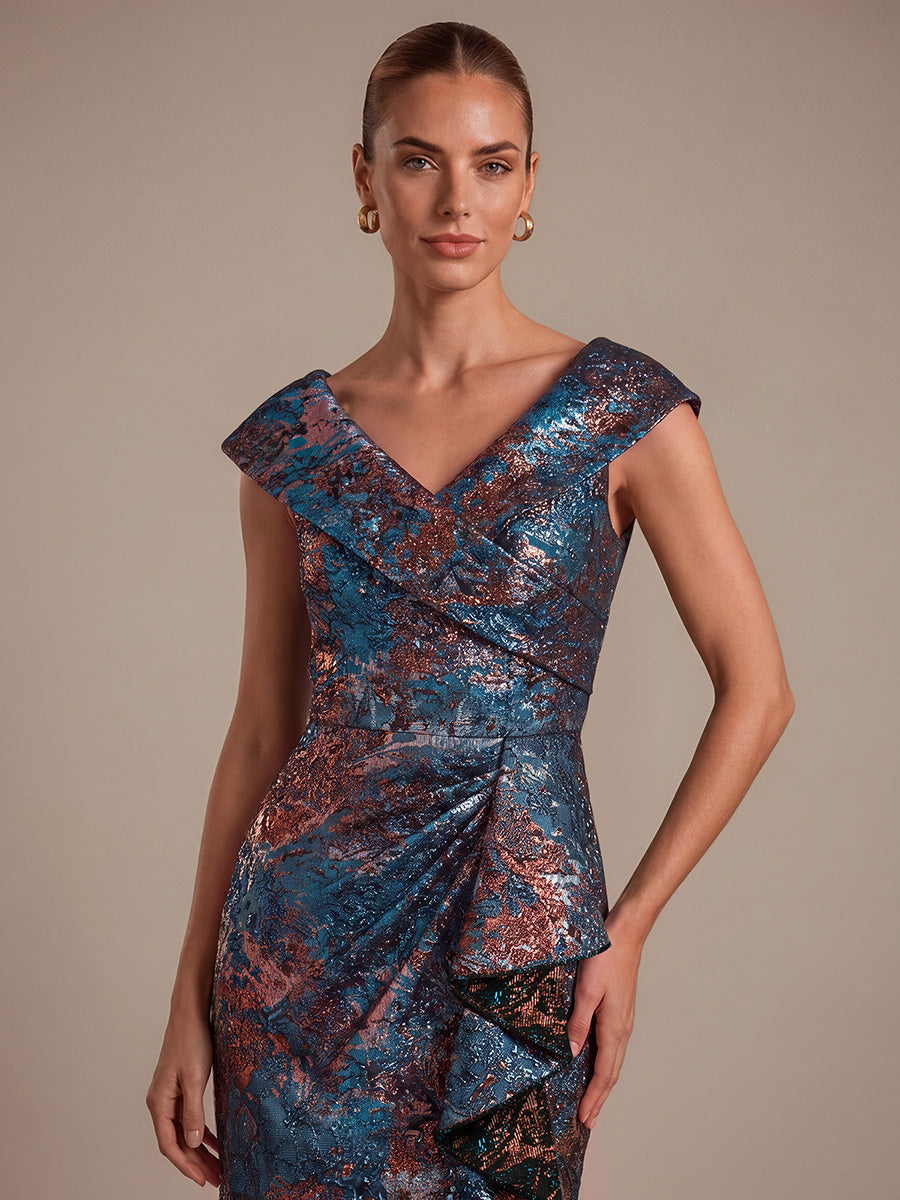 Ruffle Jacquard Cap Sleeve Evening Dress #color_Sapphire Blue