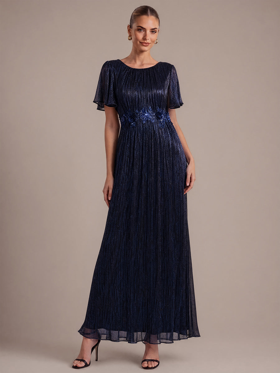Lurex Tulle Shimmer Short Sleeve Evening Dress #color_Navy Blue