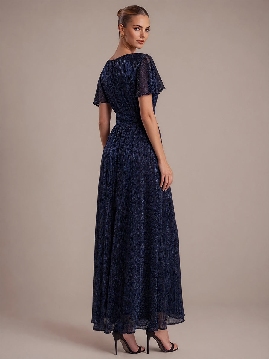 Lurex Tulle Shimmer Short Sleeve Evening Dress #color_Navy Blue